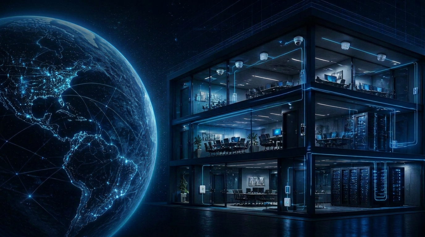 Glowing world globe connected to a wired commercial office building